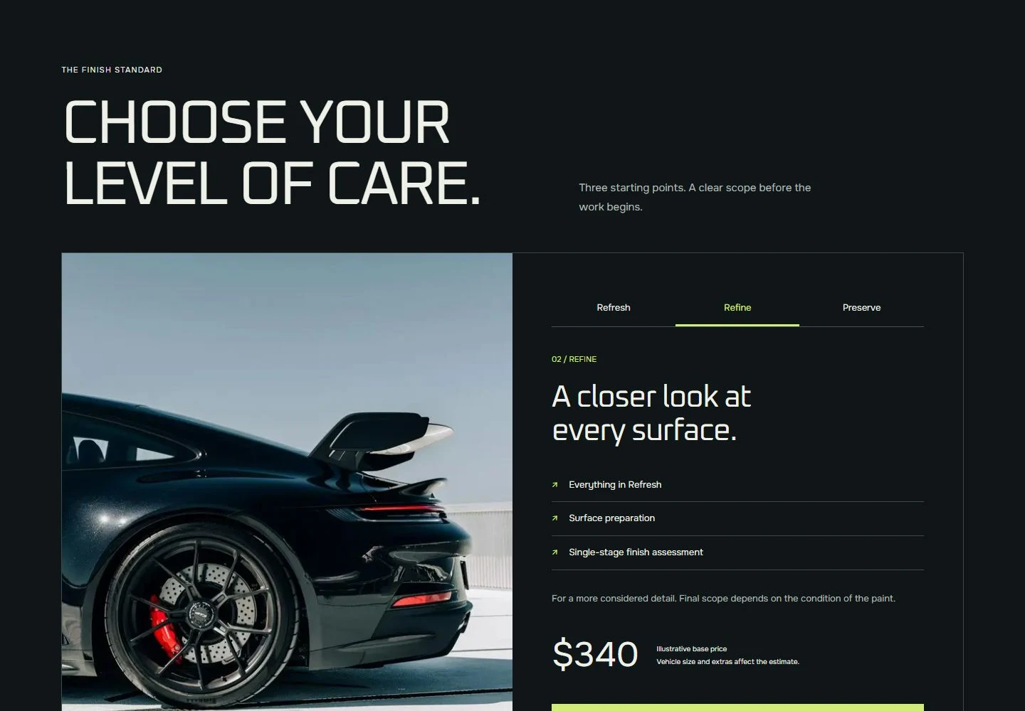 VANTA DETAIL website content and interactive service section